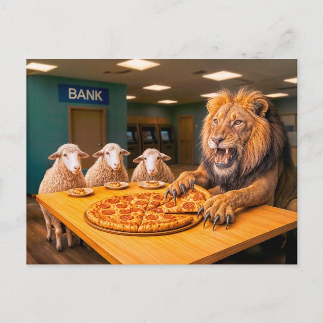 Cartão Postal De Festividades Leão tira a parte de leão da pizza (Frente)