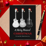 Cartão Postal De Festividades Legal música de Feliz de Natal Personalizada<br><div class="desc">Tragam um pouco de alegria musical para a estação festiva com estas divertidas guitarras de pop preto, vestindo chapéus de natal. A tipografia moderna em vermelho e cinza é fácil de personalizar com o modelo. Adicione as suas saudações e crie um cartão de Natal único para os amantes da música,...</div>