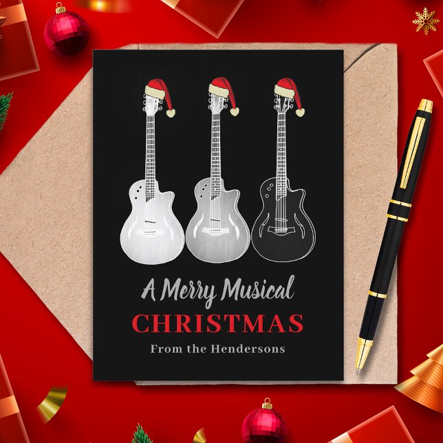 Cartão Postal De Festividades Legal música de Feliz de Natal Personalizada (Christmas guitars black and white guitar wearing santa hat merry musical custom holiday card)