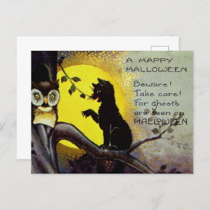 Cartão Postal De Festividades legal vintage Coruja-de-gato-preto-do-Halloween