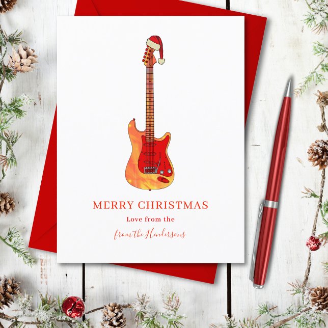Cartão Postal De Festividades Legal Violão de Fogo Feliz Natal (Music themed merry christmas cool stylish fire electric guitar personalized holidays postcard)