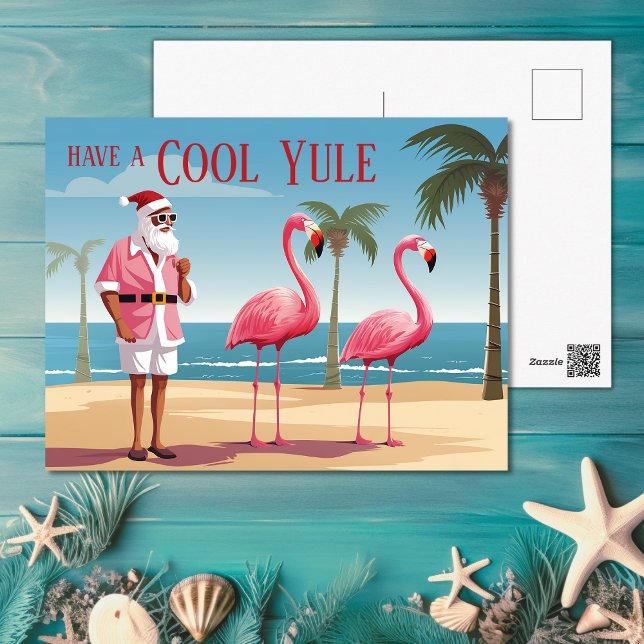 Cartão Postal De Festividades Legal Yule Papais noeis e Flamingos Praia Natal (Cool Yule Santa and Flamingos Beach Christmas Holiday Postcard)