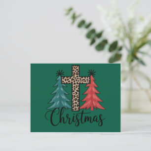Cartão Postal De Festividades Leopard Cruz Árvores de Natal Cristão