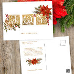 Cartão Postal De Festividades Letras de Bloco de Joy Iluminadas Douradas com Poi<br><div class="desc">Saudação elegante de "alegria" em ouro ornamentado iluminada por letras medievais embelezadas por aglomerados de poinsetos coloridos,  vermelhos e holly com realces de ouro. Inclui campos de texto florais complementares e editáveis.</div>