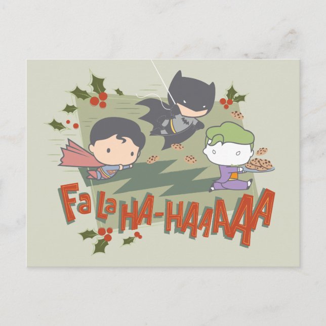 Cartão Postal De Festividades Liga da Justiça Chibi Holiday Cookie Chase (Frente)