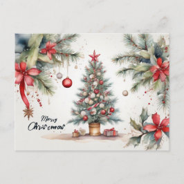 Cartão Postal De Festividades Linda Aquarela Decorada Árvore de Natal