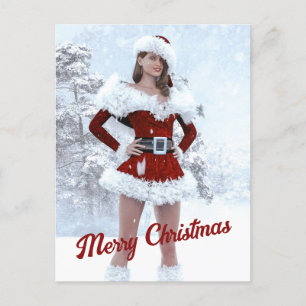 Cartão Postal De Festividades Linda mulher de Natal sobre a neve do inverno
