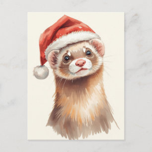 Cartão Postal De Festividades Lindo Furão com Chapéu de Papai Noel em Aquarela