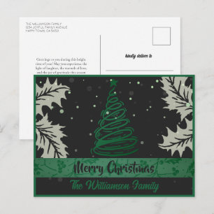 Cartão Postal De Festividades Linhas Curvas Árvore de Natal Holly Leaf Green Bla