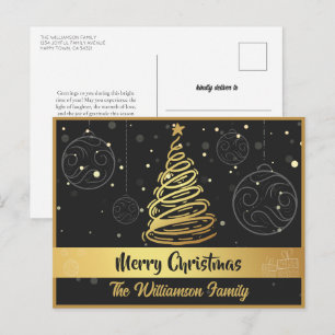 Cartão Postal De Festividades Linhas Curvas Árvores de Natal Ornamentos Dourados