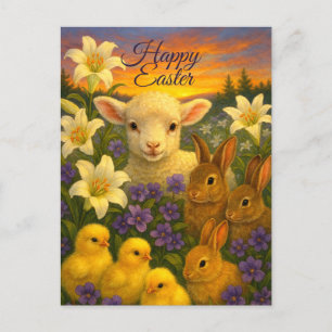 Cartão Postal De Festividades Lírios da Páscoa, Cordeiro, Coelhinhos & Pintinhos