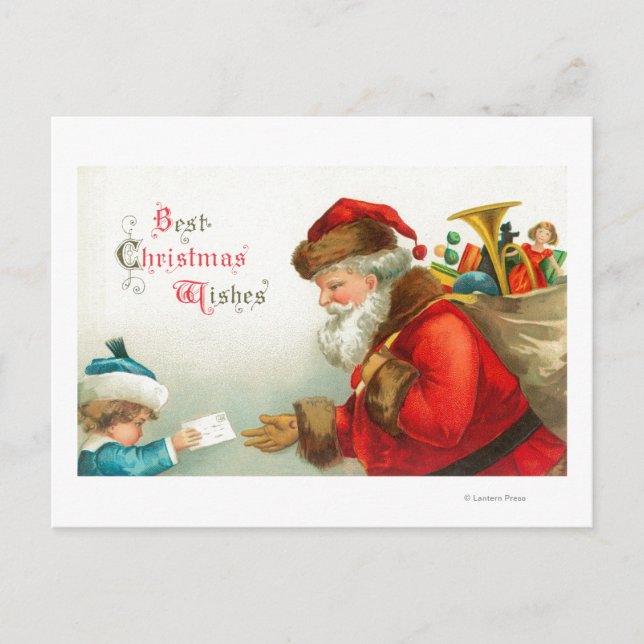 Cartão Postal De Festividades Little Boy Giving Santa a Letter (Frente)