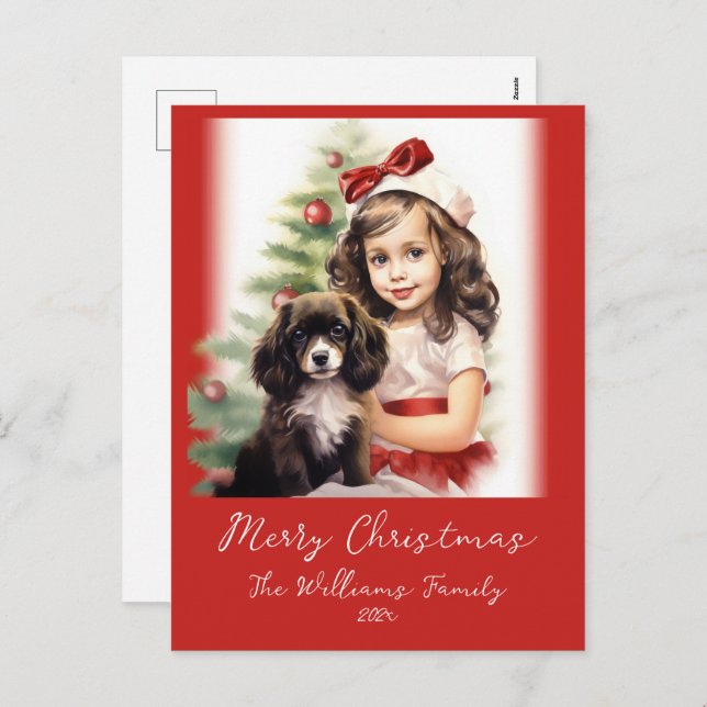 Cartão Postal De Festividades Little Girl and Puppy Photo Christmas Postcard (Frente/Verso)