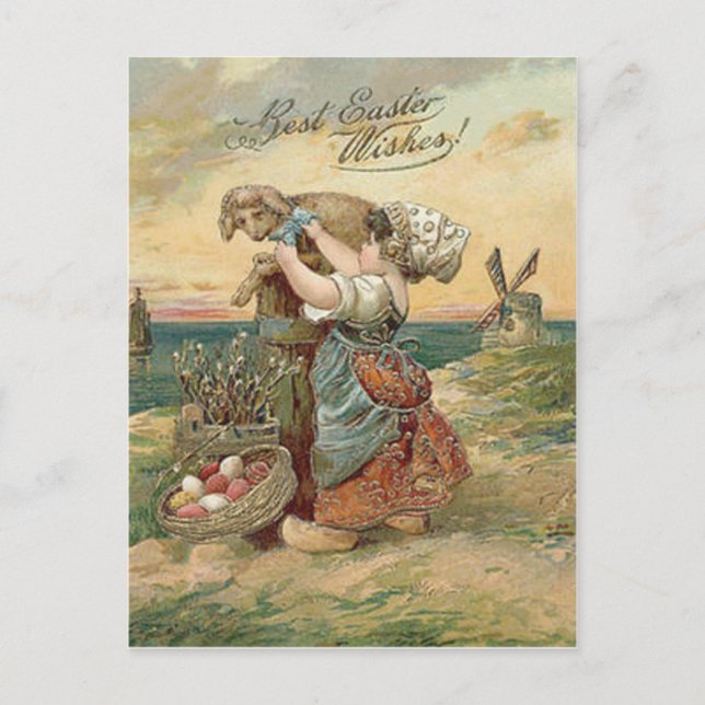 Cartão Postal De Festividades Little Girl Windmill Easter Egg Lamb (Frente)