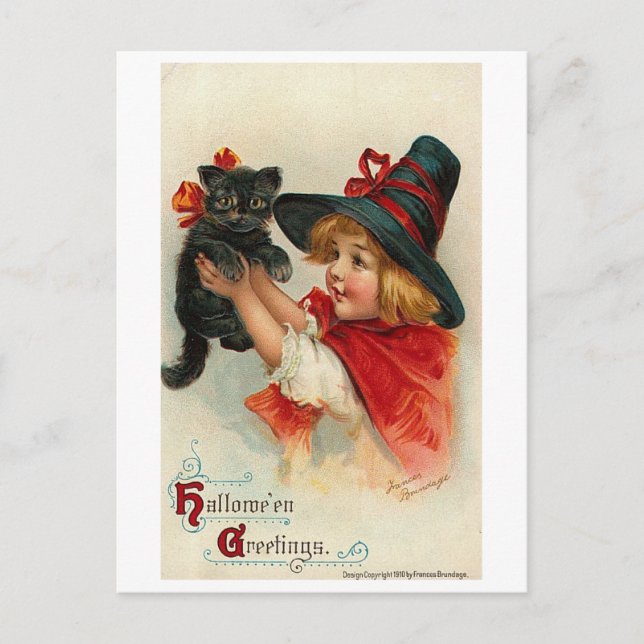 Cartão Postal De Festividades Little Girl with Black Kitten (Frente)