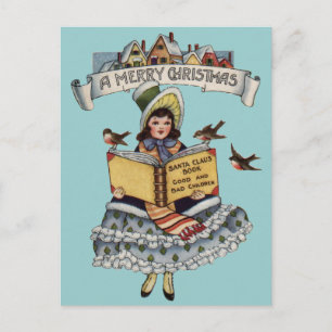 Cartão Postal De Festividades Livro Menina Antiga e Papai Noel do Natal