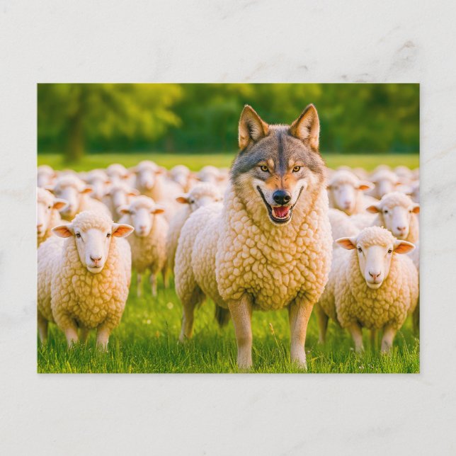 Cartão Postal De Festividades Lobo disfarçado entre ovelhas em campo (Frente)
