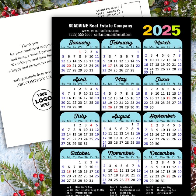 Cartão Postal De Festividades Logotipo comercial 2025 Calendário Preto Minimalis (Criador carregado)