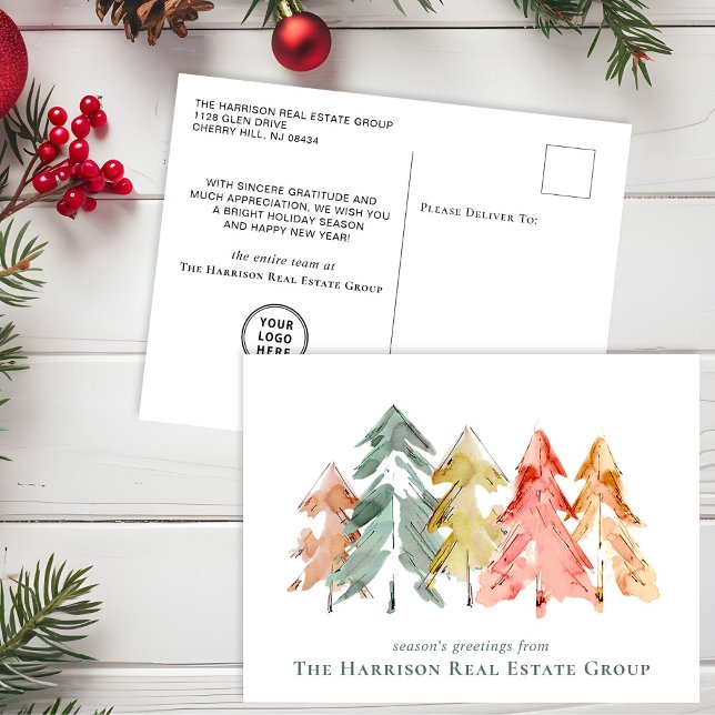Cartão Postal De Festividades Logotipo comercial Palha Árvore Aquarela (Spread the joy of the season and strengthen business relationships with our elegant holiday card)