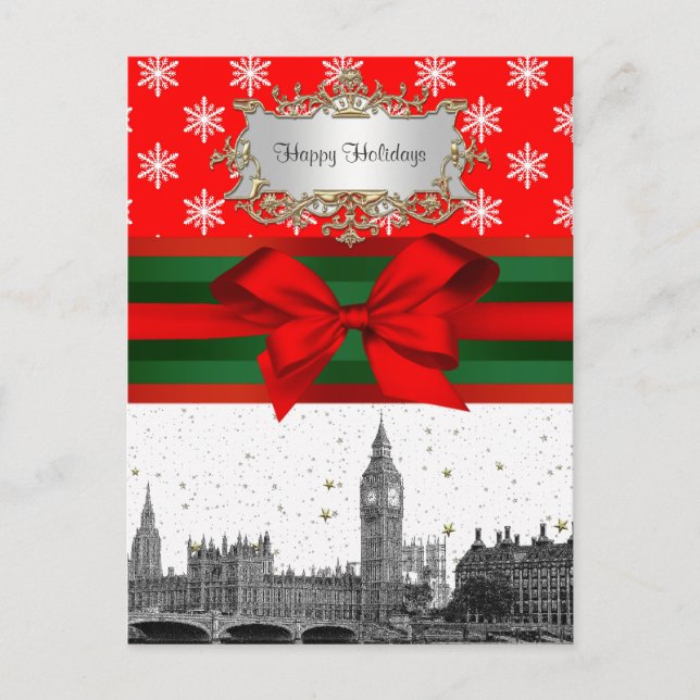 Cartão Postal De Festividades Londres Inglaterra Reino Unido Skyline Red Snowfla (Frente)