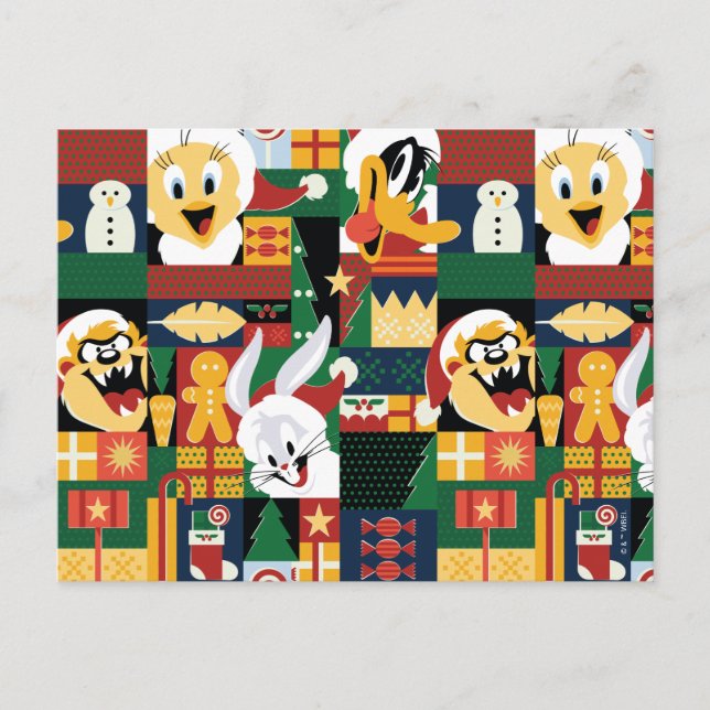 Cartão Postal De Festividades LOONEY TUNES™ Holiday Block Patterno (Frente)