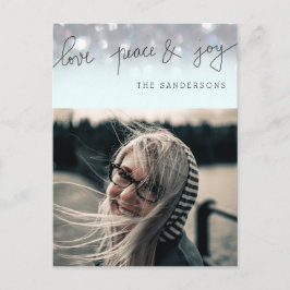 Cartão Postal De Festividades Love Peace and Joy Bokeh Script Modern Photo