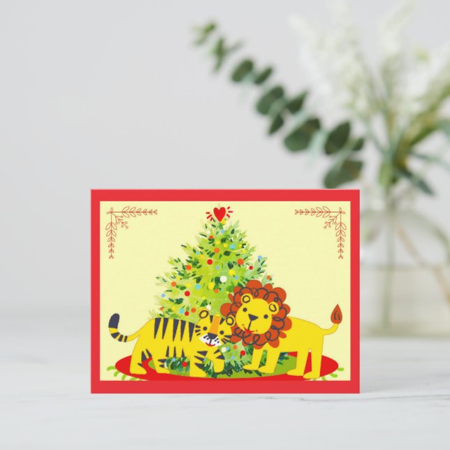 Cartão Postal De Festividades Loving Lion & Tiger Happy Holiday Postcard (Em pé/Frente)