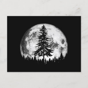 Cartão Postal De Festividades Lua cheia retrorada e árvore de pinheiro minimalis