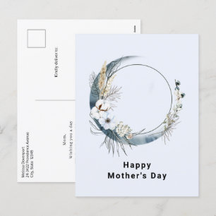 Cartão Postal De Festividades Lua Crescente Azul com Dia de as mães Flor Branco