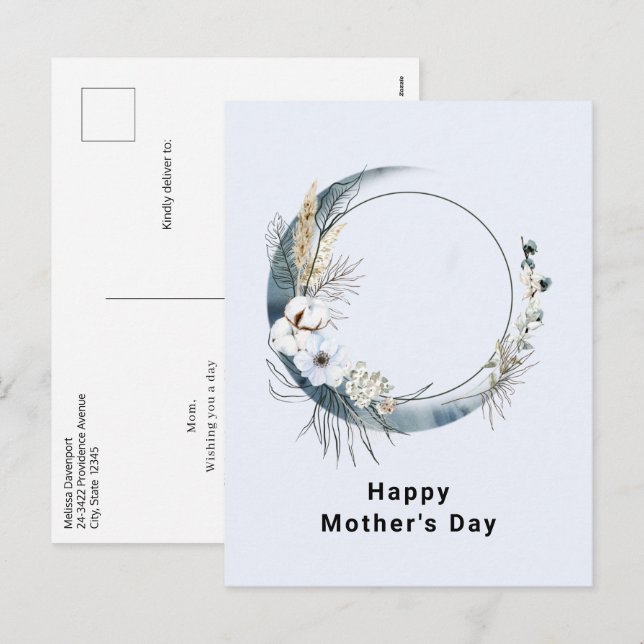 Cartão Postal De Festividades Lua Crescente Azul com Dia de as mães Flor Branco (Frente/Verso)