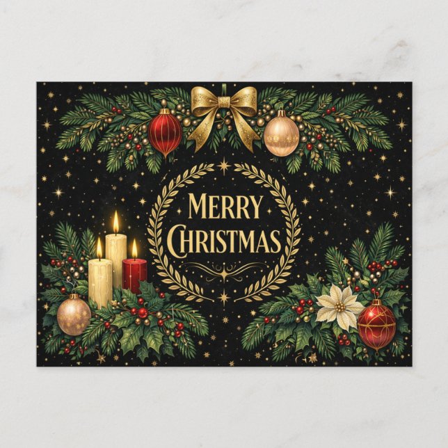 Cartão Postal De Festividades Luxurious Gold Art Deco Merry Christmas Wreath (Frente)