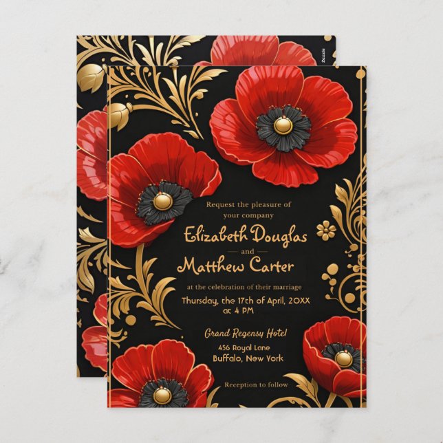 Cartão Postal De Festividades Luxury Black Red and Gold Floral Wedding  (Frente/Verso)