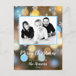 Cartão Postal De Festividades Luzes Bokeh de Natal Foto Personalizável da Famíli