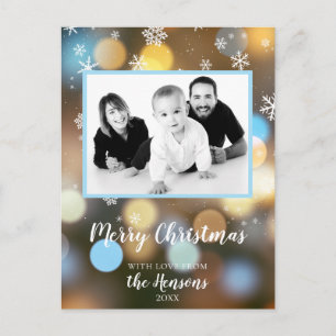 Cartão Postal De Festividades Luzes Bokeh de Natal Foto Personalizável da Famíli