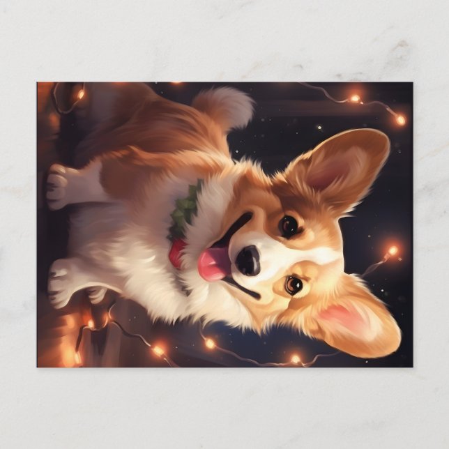 Cartão Postal De Festividades Luzes de Natal Feliz Corgi (Frente)