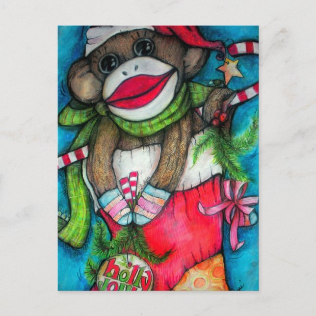 Cartão Postal De Festividades Macaco alegre da peúga do azevinho (Frente)
