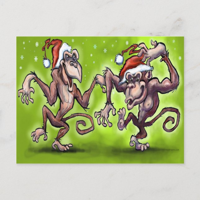 Cartão Postal De Festividades Macaco de Natal Elves (Frente)