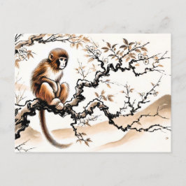 Cartão Postal De Festividades Macaco-preguiçoso de tinta chinesa pregado em árvo