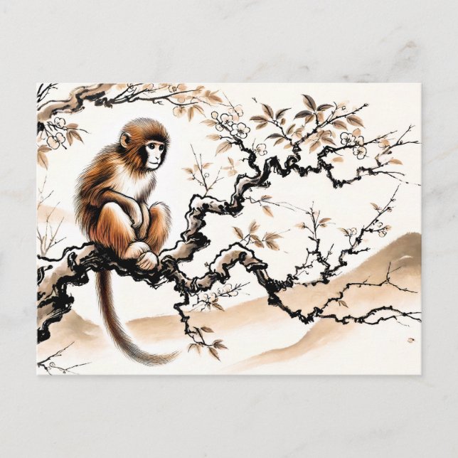 Cartão Postal De Festividades Macaco-preguiçoso de tinta chinesa pregado em árvo (Frente)