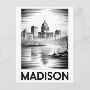 Cartão Postal De Festividades Madison Wisconsin Silhueta Preto Branco Xilogravur