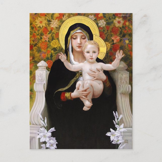 Cartão Postal De Festividades Madonna + child, white lillies christmas postcards (Frente)