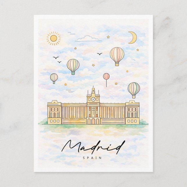 Cartão Postal De Festividades Madrid Skyline Watercolor | Spain Travel (Frente)