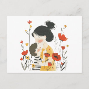Cartão Postal De Festividades Mãe Abraçando o Filho Asiático Chinês Japonês