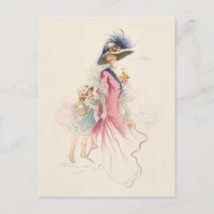 Cartão Postal De Festividades Mãe e Filha Vitorianas Sorridentes no Cartão de Fé