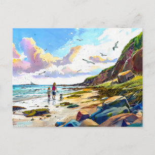 Cartão Postal De Festividades Mãe e filho andando com cão na praia, aquarela