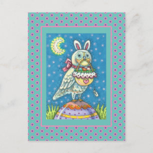 CARTÃO POSTAL DE FESTIVIDADES MAGIC OWL & PÁSCOA BASKET, PÁSSARO DE ARTE FOLHA