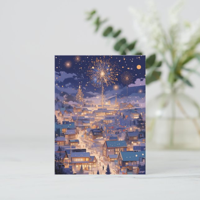 Cartão Postal De Festividades Magical Christmas City Fireworks Night (Em pé/Frente)