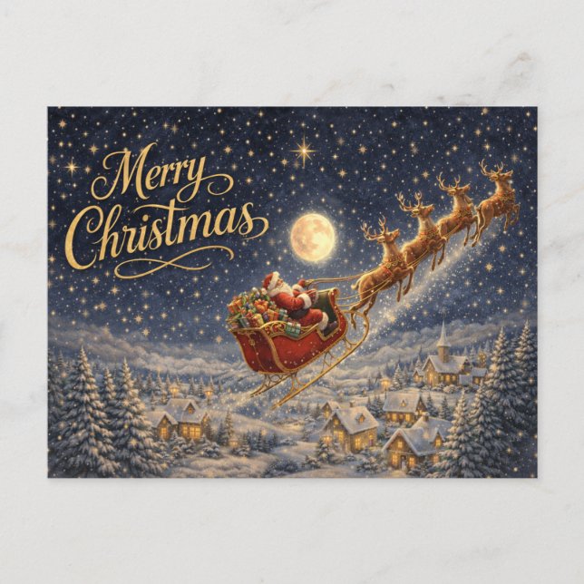 Cartão Postal De Festividades Magical Gold Santa Night Sky Merry Christmas (Frente)
