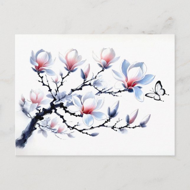 Cartão Postal De Festividades Magnolia com pintura a tinta da borboleta asiática (Frente)