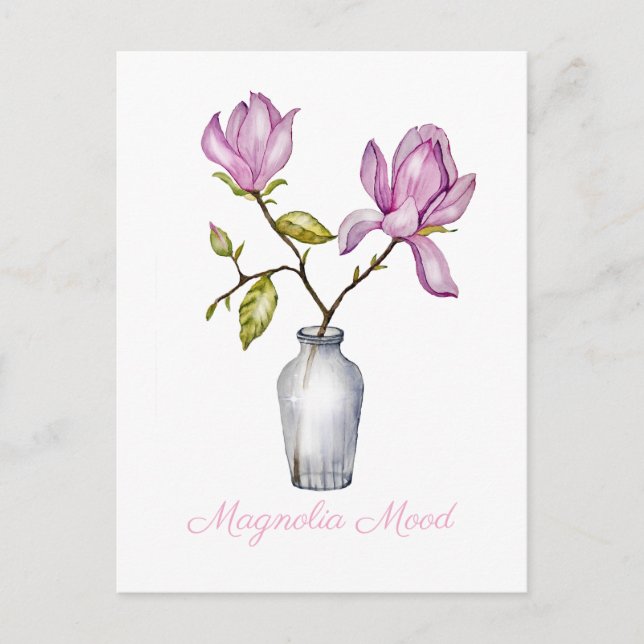 Cartão Postal De Festividades Magnolia Rosa Botânica Aquarela (Frente)